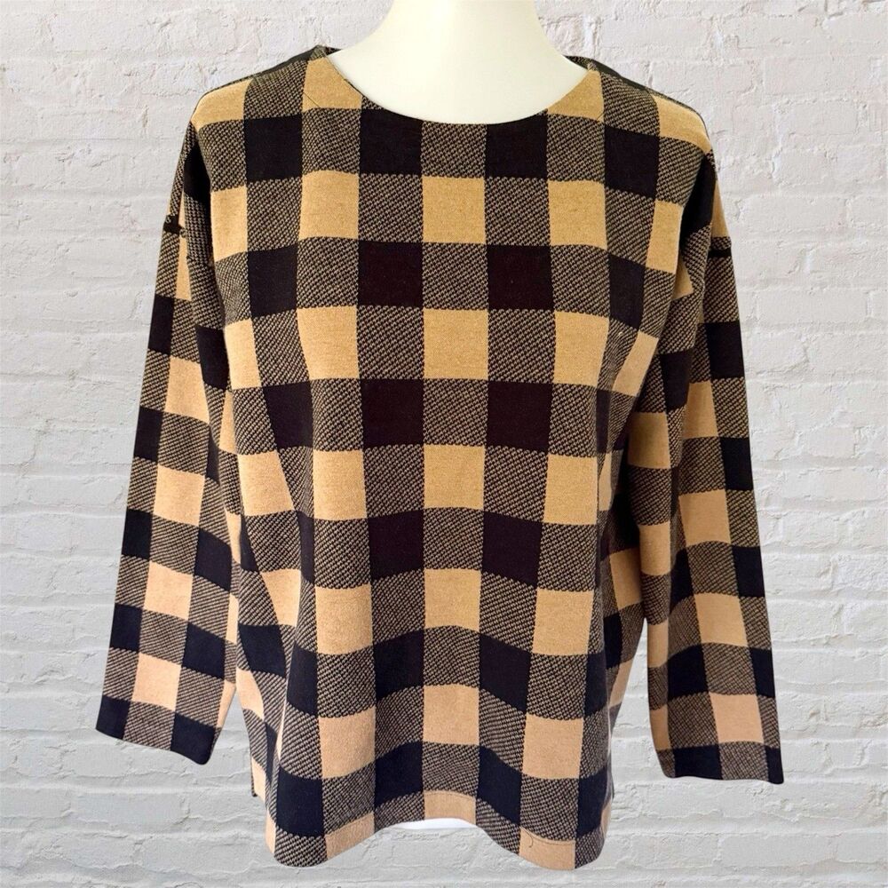 J. Jill Buffalo Plaid Tan Brown Black Sweater Cotton Blend Stretch M Medium Knit